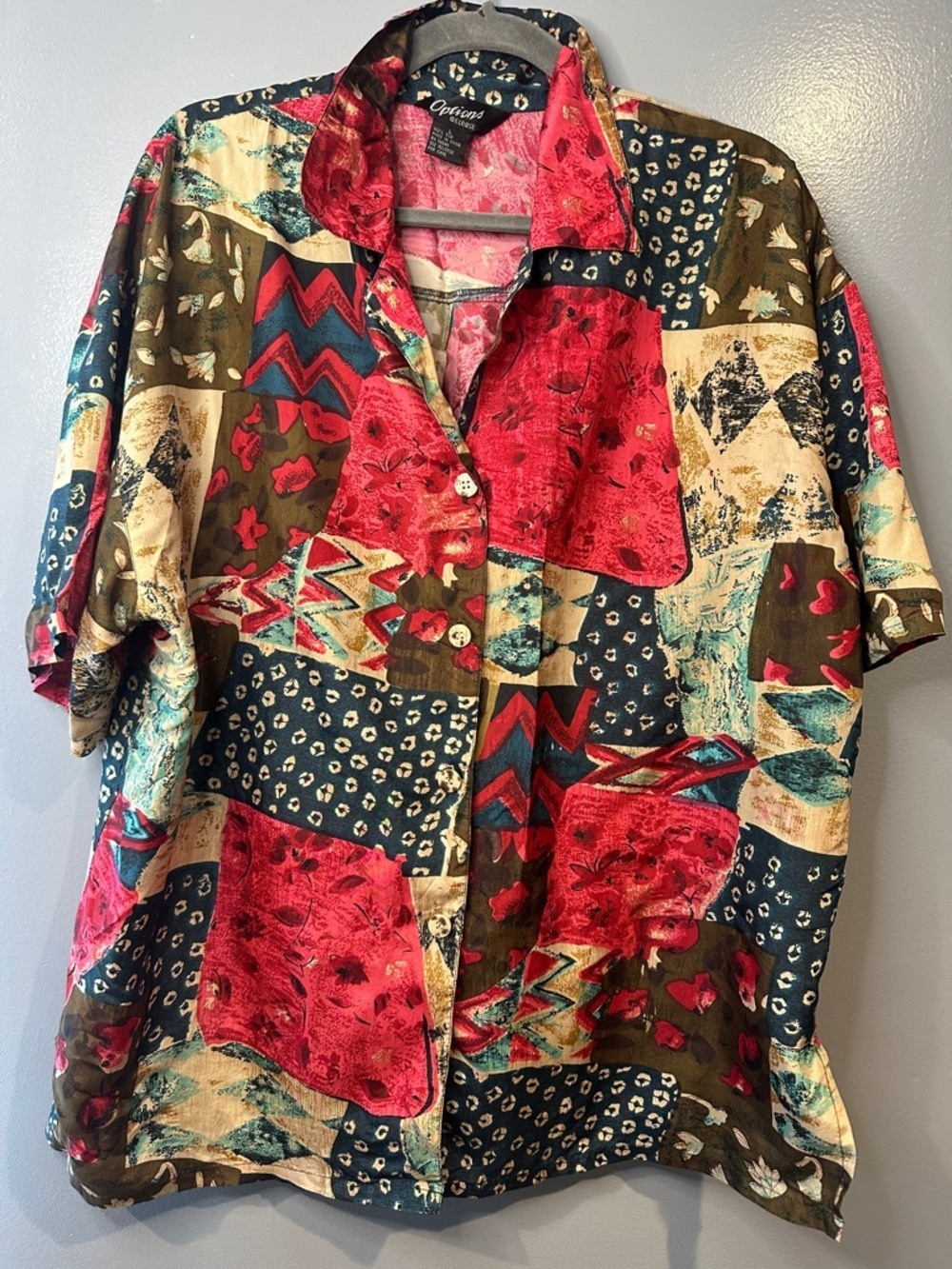 Vintage Options Melrose Silk Abstract Patchwork Hawaiian Button Shirt Large